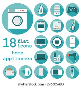 Big set  modern flat design icons of home appliances with long shadow.