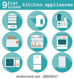 Big set  modern flat design icons of kitchen appliances with long shadow.
