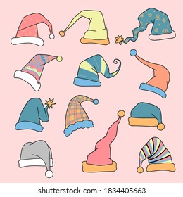 Big set of  Modern Santa Hats isolated on background. Vector santa claus hat collection  ,Each on a separate layer.
