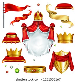 Big set of monarch power symbols and wealth attributes 3d realistic vector isolated on white background. Heraldic emblem, golden crowns with gems, precious stones, silk ribbons and flag illustration