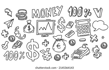 Gran juego de dibujos de dinero. Billetes y billetes, dinero y monedas, efectivo, bolsa de dinero y cartera, terminal en forma de doodle manual lineal. Ilustración vectorial. Elementos esquemáticos aislados para el diseño y la decoración