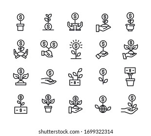 Big set of money growth line icons. Vector illustration isolated on a white background. Premium quality symbols. Stroke vector icons for concept or web graphics. Simple thin line signs. 
