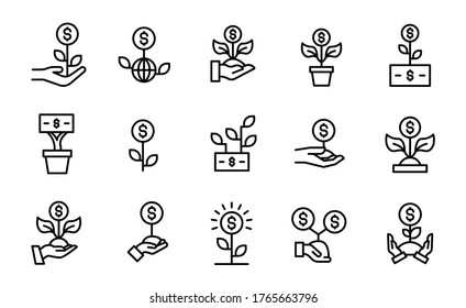 Big set of money growth line icons. Vector illustration isolated on a white background. Premium quality symbols. Stroke vector icons for concept or web graphics. Simple thin line signs.