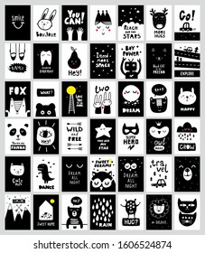 Big set of monochrome black and white posters in scandinavian style. Good prints for children and baby wall art.