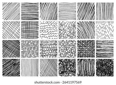 Big set of monochrome hand-drawn crosshatch textures. Grunge and sketch backgrounds with freehand lines, scribbles, smears, and sketch-style patterns. Vector illustration