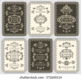 Big set of monogram card templates with vintage retro frames, ornate decorative elements, calligraphic ornaments, swirls and scrolls. Flourishes A4 pages design for poster, flyer, menu, cover, layout