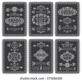 Big set of monogram card templates with vintage retro frames, ornate decorative elements, calligraphic ornaments, swirls and scrolls. Flourishes A4 pages design for poster, flyer, menu, cover, layout 