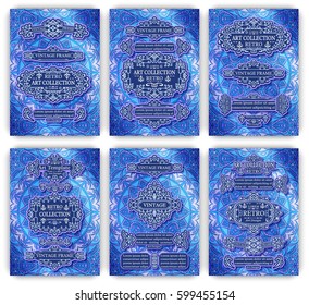 Big set of monogram card templates with vintage retro frames, ornate decorative elements, calligraphic ornaments, swirls and scrolls. Oriental A4 pages design for poster, flyer, menu, cover, layout