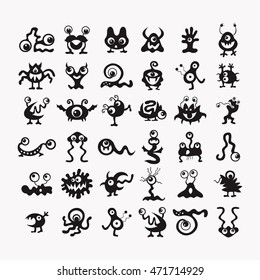 big set of monsters alien bacteria for applications of children's drawings monochrome