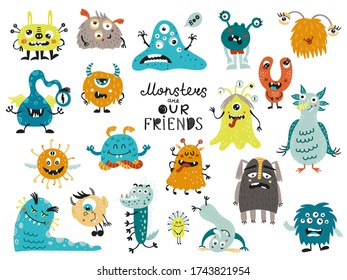 Big set of monsters. Isolated elements for stickers, cards, invites and posters