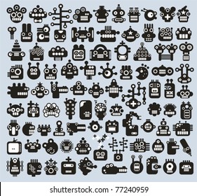 Big set of monsters and robots faces. Vector illustration.