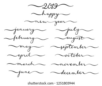 Big set of months of the year 2019. December, January, February, March, April, May, June, July, August, September, October, November handdrawn lettering for calendars. Vector illustration.