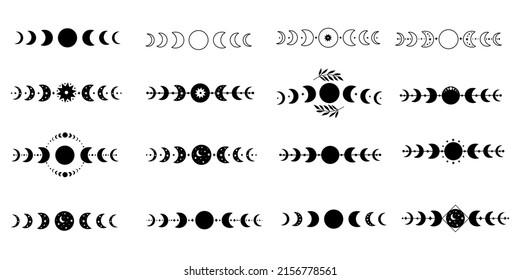 Big set of Moon phases. Moon phases astronomy icon set. Boho chic silhouette. Celestial crescent isolated elements. Witch boho moon shape design. Night space astronomy. Lunar eclipse.
