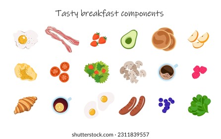 Big set of the most popular breakfast ingredients. Vector illustrations collection isolated on white background.