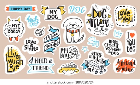 Gran conjunto de frases motivacionales, citas y stickers. Tema del perro y número 1. Palabras manuscritas para cada producción de diseño.