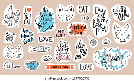 Gran conjunto de frases motivacionales, citas y stickers. Tema del gato y número 1. Palabras manuscritas para cada producción de diseño.