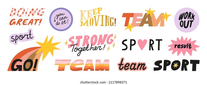 Gran conjunto con stickers deportivos motivacionales. Frases y citas hechas a mano sobre deporte, equipo, motivación, apoyo y objetivos. Perfecto para medios sociales, web, diseño tipográfico, etc. Ilustración vectorial.