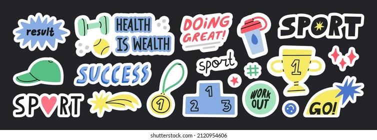 Big set with motivational sport stickers. Cute details for your design, phrases and quotes about training, motivation, self support and development. Perfect for social media, web, typographic design.