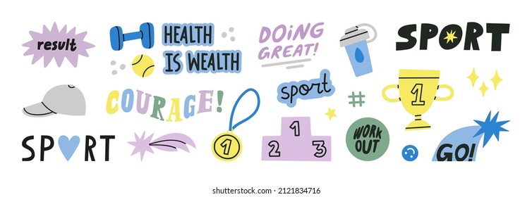 Gran conjunto con stickers deportivos motivacionales. Detalles precisos para su diseño, frases y citas sobre formación, motivación, autosoporte y desarrollo. Perfecto para medios sociales, web, diseño tipográfico.