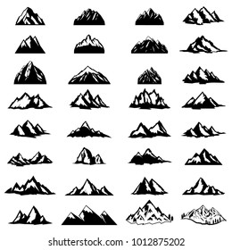 Big set of mountain icons isolated on white background. Design elements for logo, label, emblem, sign. Vector illustration