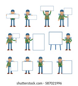 Big set of mountaineer characters posing with different blank banners. Cheerful traveler holding paper, poster, placard, pointing to whiteboard. Teach, advertise, promote. Simple vector illustration