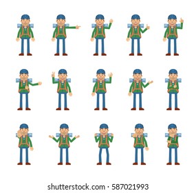 Big set of mountaineer characters showing different hand gestures. Cheerful traveler showing thumb up, pointing, greeting, victory, stop sign and other hand gestures. Simple vector illustration