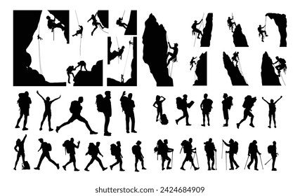 Big set of mountaineer climber hiker people, vector silhouette collection