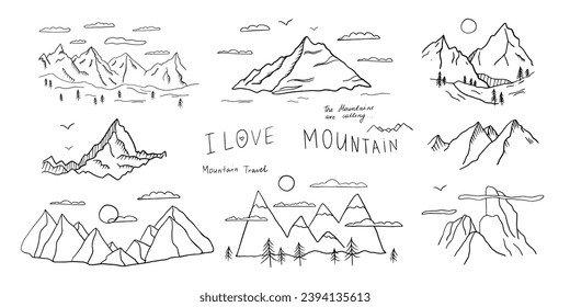 Big set of mountains in doodle style. Mountain peaks. Hiking. Climbing. The mountains are calling. Travel design. Adventure. Hand drawn vector illustration Great for prints, poster