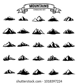 Big set of mountains icons isolated on white background. Design elements for logo, label, emblem, sign. Vector illustration