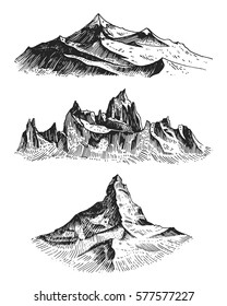 big set of mountains peaks, vintage, old looking hand drawn, sketch or engraved style, different versions for hiking, climbing