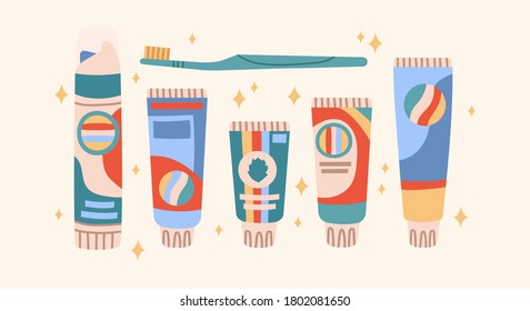 Big set of mouth Cleaning tools. Various set of different toothpaste. Dental hygiene, Oral care concept. Colored vector illustration. All elements are isolated.