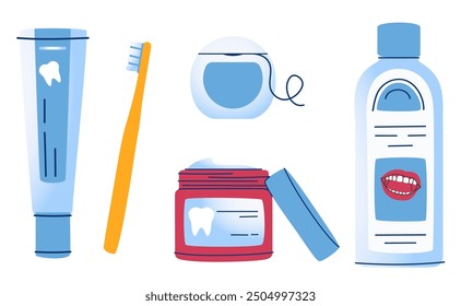 Big set of mouth Cleaning tools. Apple, mint, smiling teeth. Various Toothbrushes, toothpaste, dental floss, mouthwash. Dental hygiene, Oral care concept. Hand drawn Vector isolated icons