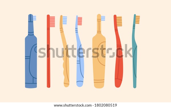 Big set\
of mouth Cleaning tools. Various set of different toothbrushes.\
Electric toothbrush.Dental hygiene, Oral care concept. Colored\
vector illustration. All elements are\
isolated.