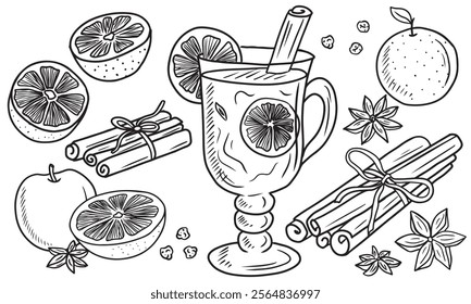 Big set of mulled wine ingredients with glass of warm cocktail with apple, orange, tangerine, cinnamon sticks, anise star. Hand drawn vector sketch illustration in doodle vintage engraved line art