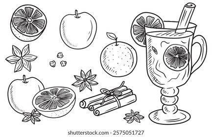 Big set of mulled wine ingredients with glass of warm cocktail with apple, orange, tangerine, cinnamon sticks, anise star. Hand drawn vector sketch illustration in doodle vintage engraved line art