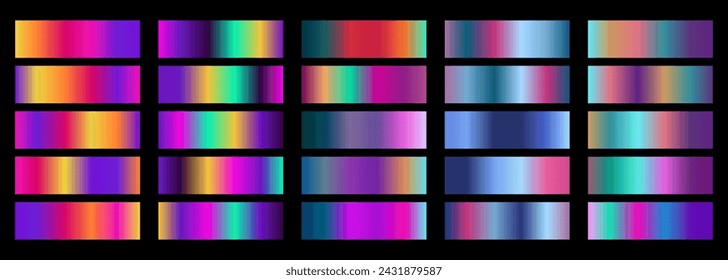 Big set of multicolor gradients. Colorful bright gradation background collection. Colored shiny elegant vector gradient pack for bright button, ribbon, label design. Vector illustration