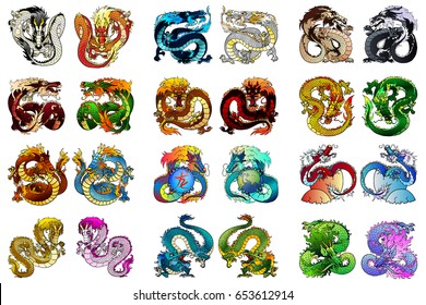 Big set of multi-colored Asian dragons of elements of fire, metal, earth, tree and water. Animals of the Chinese horoscope separately on white. Full-color cartoon vector illustration.