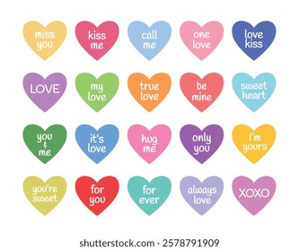 Big set of multicolored hearts with romantic messages. St Valentines collection of hearts with text. Flat vector illustrations isolated on white background