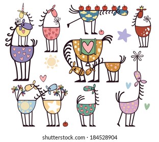 Big set of multicolored horses.