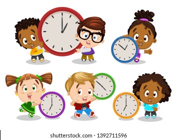 Big set of multiracial boys and girls with colorful clocks. Little children learning to read time, making everything in time. Control of timetable, schedule for kids. Vector cartoon isolated on white