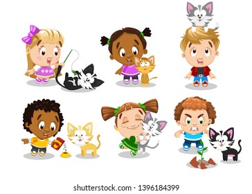 Big set of multiracial children and their playful pets. Little boys and girls playing, embracing, feeding, crying, caring about cats, kitties Vector cartoon illustration isolated on white background.