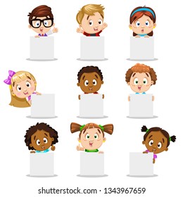 Big set of multiracial little boys and girls who waving hand, emerge from behind empty square banners, paper sheets. Template, flyer, mockup, place for text, copy space. Cartoon isolated on white.