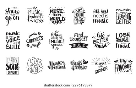 Big set of music phrases. Vector hand drawn illustration. Lettering phrases. Idea for poster, postcard.