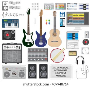 Big set of musical instruments, equipment and icons. Editable vector illustration