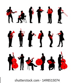 Big set of musician with music instrument silhouette. Guitar player, contrabass, violin, accordion, flutist, saxophone, bagpiper, clarinet, double bass, trumpet, bugler, drummer, cello, cellist artist