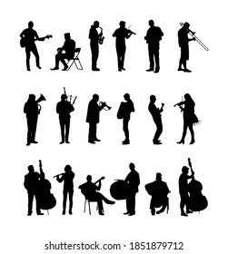 Big set of musician with music instrument silhouette. Guitar player, contrabass, violin, accordion, flutist, saxophone, bagpiper, clarinet, double bass, trumpet, bugler, drummer, cello, cellist artist