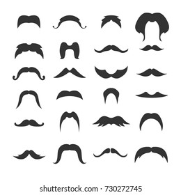 Big set of mustaches black silhouettes. Collection of men's mustaches. Vector illustration.