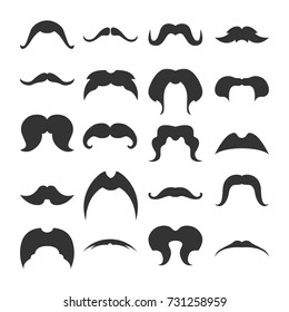 Big set of mustaches black silhouettes. Collection of men's mustaches. Vector illustration.