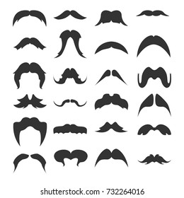 Big set of mustaches black silhouettes. Collection of men's mustaches. Vector illustration.