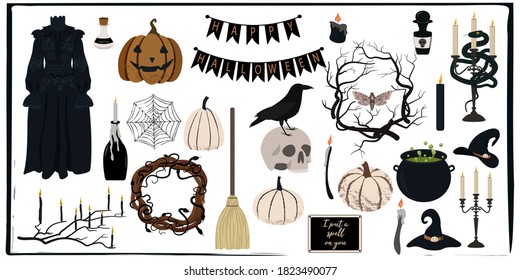 Big set of mystic Halloween vector illustration. Stylish gothic elements: witch hats, brooms, couldron, candles, potions, snakes, pumpkins, jack-o-lanterns,crow, scull, spider web, branches and other